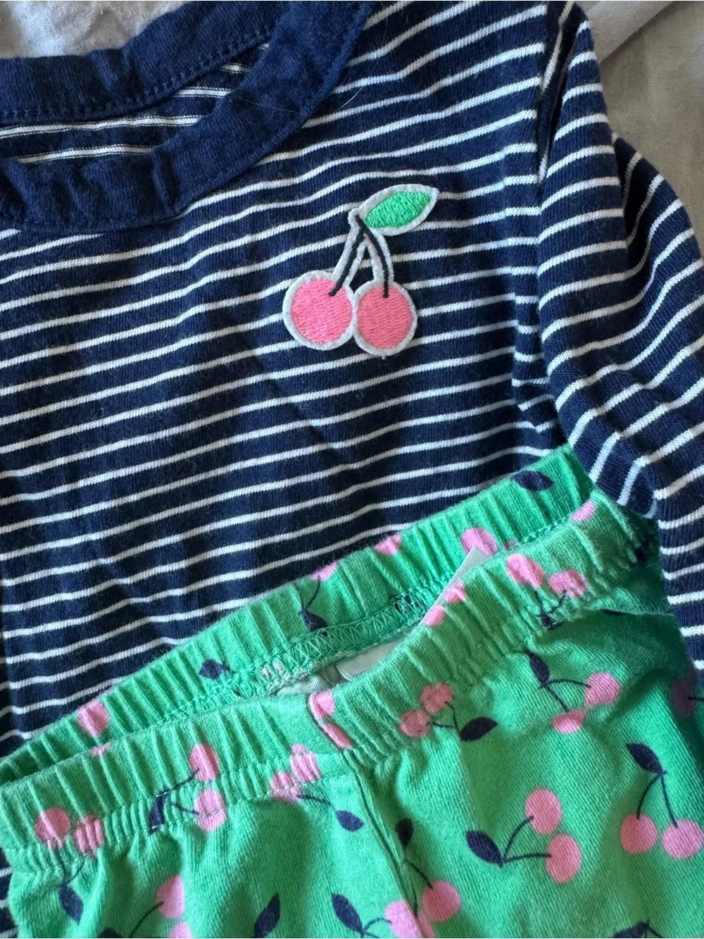Carters Baby Girls Navy Stripe Top and Green Cherry Print Pajama Set